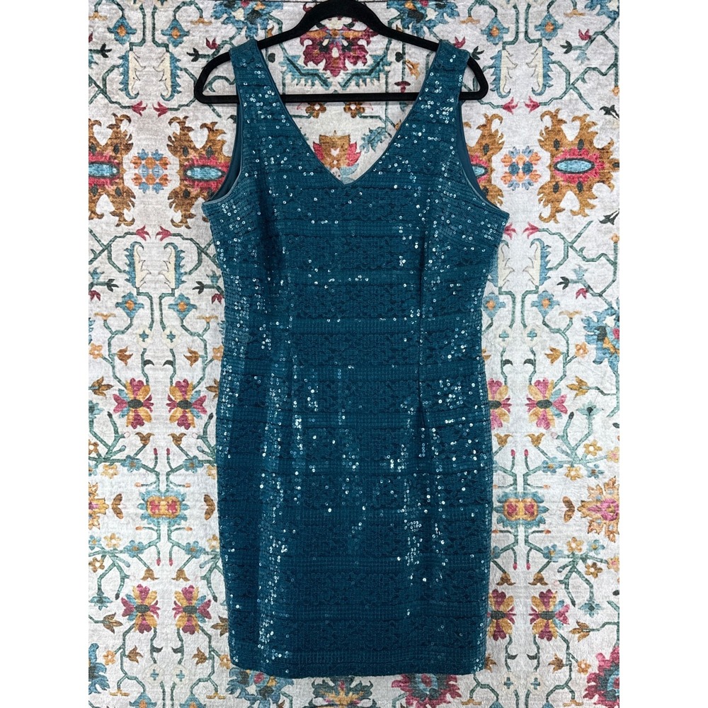 SD Collection Sequin Cocktail Dress Teal Above Knee Sheath Style